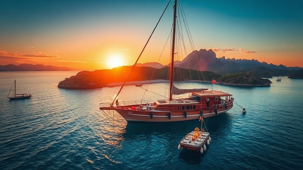 Phinisi yacht anchored in Komodo National Park at golden hour with deck dinner prepared by crew